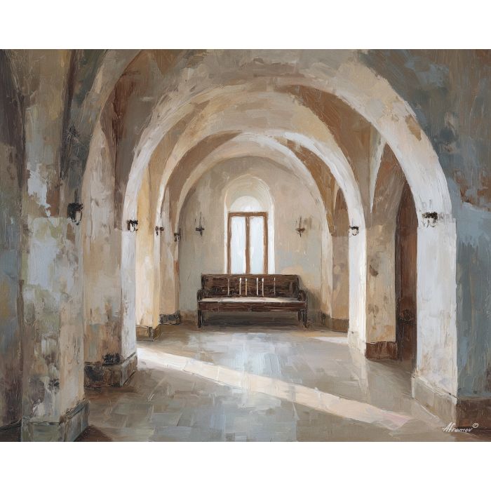 simple, interior, framed, high, arches, pouring, through, unseen, quiet sanctuary, soft radiance, arched space, gentle horizon, calm interior, hushed atmosphere, tender light, reflective stillness, subtle reverence, luminous calm, oil painting palette knife, textured impasto