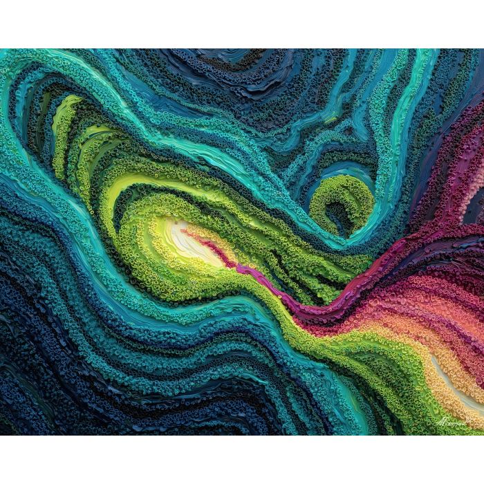 cascading, field, spirals, loops, pulsing, along, neon-tinted, edges, neon spectrum, vivid spiral, kaleidoscopic field, surreal pattern, trippy geometry, fractal drift, chromatic wave, liquid color, visual distortion, bold saturation, oil painting palette knife, textured impasto