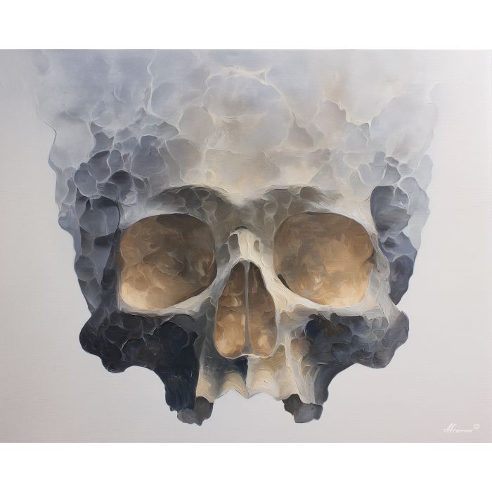 hollowed, shape, half, dissolving, into, background, softening, quiet memento, shadowed object, textured stillness, symbolic bone, hollow form, chiaroscuro study, tonal contrast, meditative dark, aged material, organic arc, oil painting palette knife, textured impasto, layered pigments