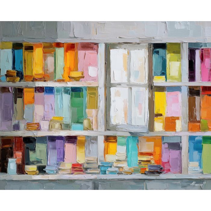 interior, wall, divided, into, color, rectangles, emphasizing, window, flat planes, linear balance, minimal composition, geometric facade, modernist structure, primary color field, clean architecture, rectilinear order, abstract building, functional design, oil painting palette knife, textured impasto