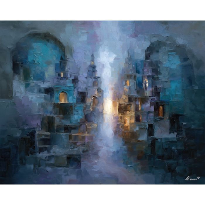 cluster, softened, architectural, forms, around, central, light, softly, subtle reverence, luminous calm, quiet sanctuary, soft radiance, arched space, gentle horizon, calm interior, hushed atmosphere, tender light, reflective stillness, oil painting palette knife, textured impasto