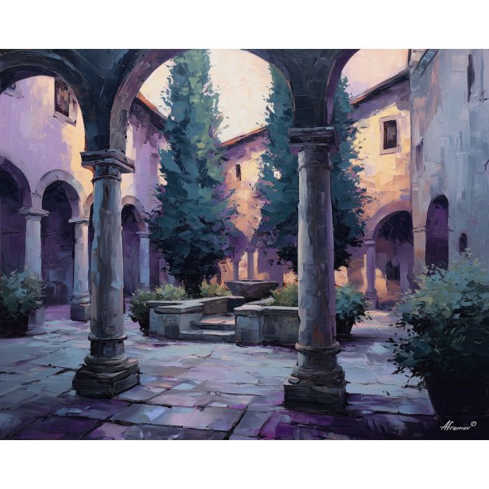 shaded, courtyard, hidden, behind, columned, walls, outlined, against, Aegean light, hillside dwellings, historic shoreline, sunlit masonry, quiet harbor, mediterranean landscape, ancient coast, marble architecture, seaside village, stone terrace, oil painting palette knife, textured impasto