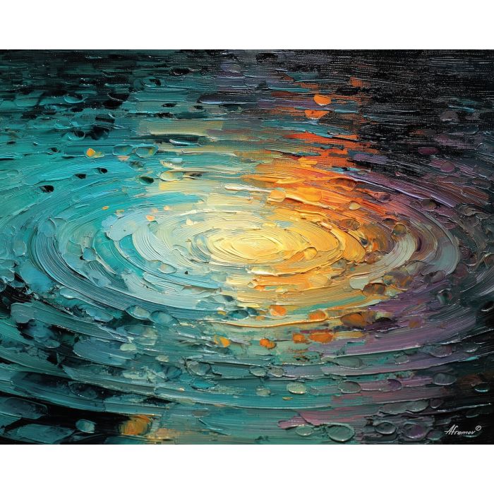 ringed, pattern, rippling, outward, waves, glowing, within, semi-transparent, chromatic wave, liquid color, visual distortion, bold saturation, neon spectrum, vivid spiral, kaleidoscopic field, surreal pattern, trippy geometry, fractal drift, oil painting palette knife, textured impasto