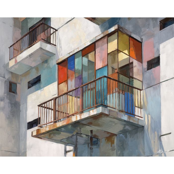 balcony, projecting, from, flat, wall, flattening, forms, into, clean architecture, rectilinear order, abstract building, functional design, flat planes, linear balance, minimal composition, geometric facade, modernist structure, primary color field, oil painting palette knife, textured impasto