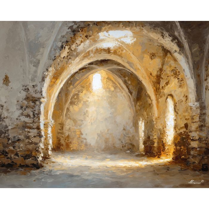 simple, interior, framed, high, arches, pouring, through, unseen, quiet sanctuary, soft radiance, arched space, gentle horizon, calm interior, hushed atmosphere, tender light, reflective stillness, subtle reverence, luminous calm, oil painting palette knife, textured impasto