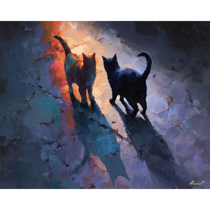 shapes, sharing, patch, light, softly, dissolving, paws, into, watchful pose, indoor stillness, gentle shadow, subtle movement, feline presence, resting figure, window light, quiet companion, soft fur, domestic calm, oil painting palette knife, textured impasto