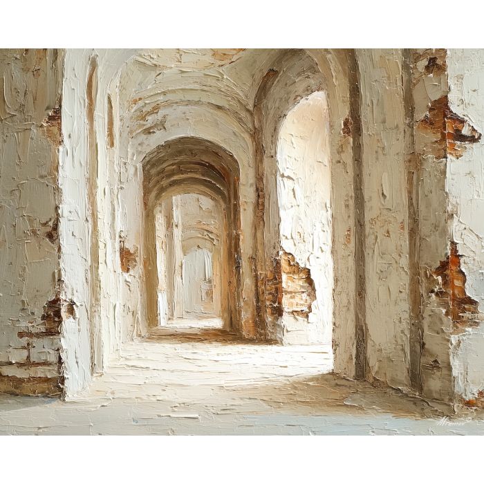 vaulted, space, reduced, gentle, planes, enveloping, rather, hushed atmosphere, tender light, reflective stillness, subtle reverence, luminous calm, quiet sanctuary, soft radiance, arched space, gentle horizon, calm interior, oil painting palette knife, textured impasto, layered pigments