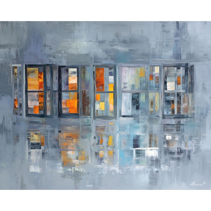 series, windows, arranged, strict, sequence, sliding, along, edges, rectilinear order, abstract building, functional design, flat planes, linear balance, minimal composition, geometric facade, modernist structure, primary color field, clean architecture, oil painting palette knife, textured impasto
