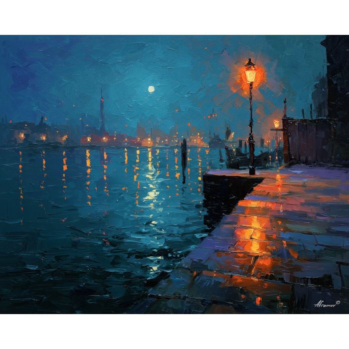 moonlit, quay, edged, still, reflections, gathering, quiet, pools, mediterranean landscape, ancient coast, marble architecture, seaside village, stone terrace, Aegean light, hillside dwellings, historic shoreline, sunlit masonry, quiet harbor, oil painting palette knife, textured impasto