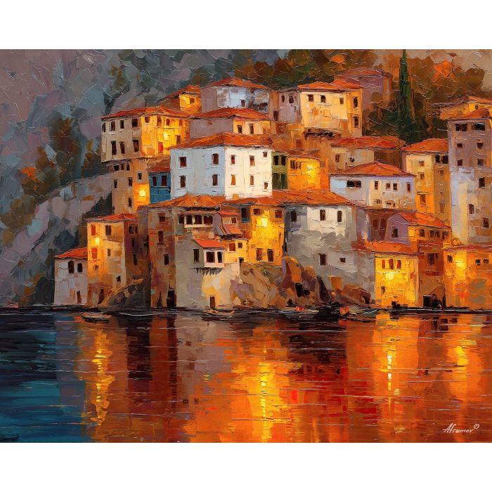 hillside, village, clustered, above, quiet, water, glowing, under, seaside village, stone terrace, Aegean light, hillside dwellings, historic shoreline, sunlit masonry, quiet harbor, mediterranean landscape, ancient coast, marble architecture, oil painting palette knife, textured impasto