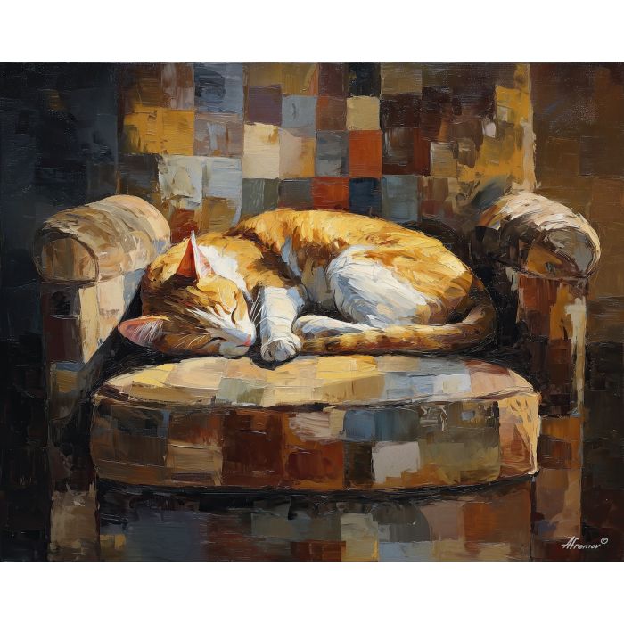 feline, figure, curled, textured, chair, pooled, warm, square, feline presence, resting figure, window light, quiet companion, soft fur, domestic calm, watchful pose, indoor stillness, gentle shadow, subtle movement, oil painting palette knife, textured impasto