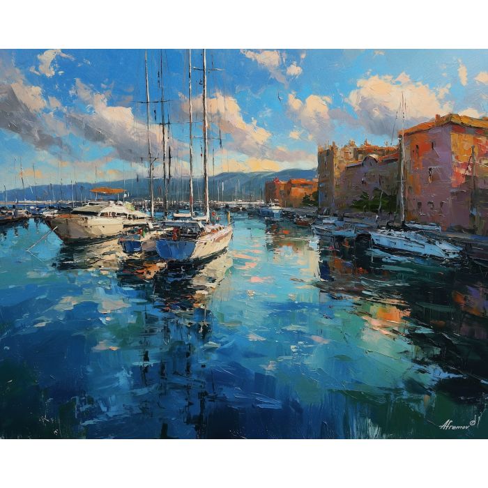harbor, where, boats, rest, beneath, distant, hills, softened, hillside dwellings, historic shoreline, sunlit masonry, quiet harbor, mediterranean landscape, ancient coast, marble architecture, seaside village, stone terrace, Aegean light, oil painting palette knife, textured impasto