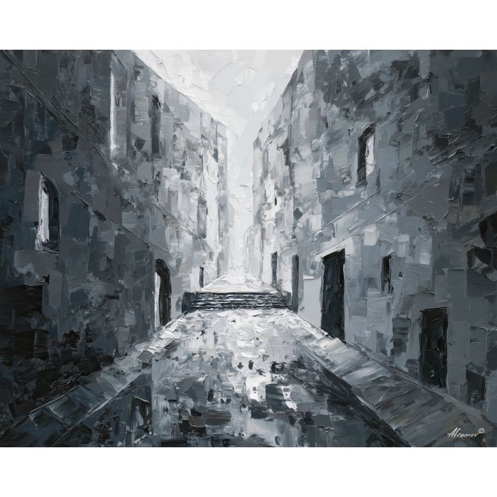 walkway, cutting, between, simple, blocks, angling, across, facades, functional design, flat planes, linear balance, minimal composition, geometric facade, modernist structure, primary color field, clean architecture, rectilinear order, abstract building, oil painting palette knife, textured impasto