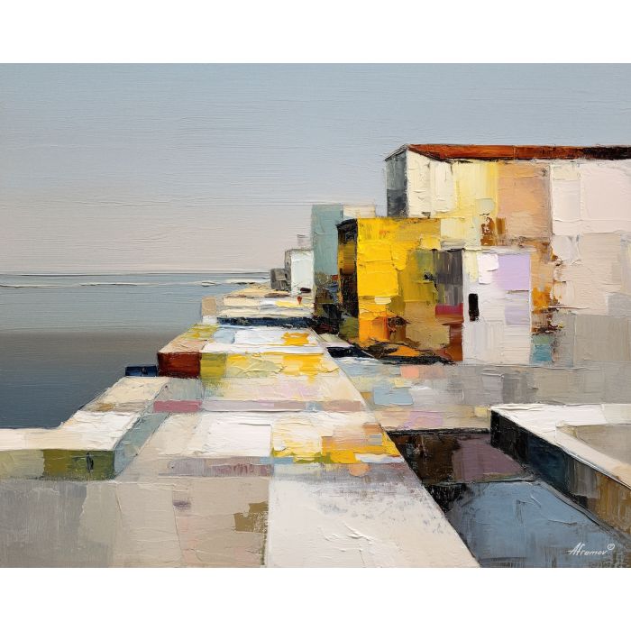 rooftop, edge, tracing, against, pale, muting, surfaces, into, linear balance, minimal composition, geometric facade, modernist structure, primary color field, clean architecture, rectilinear order, abstract building, functional design, flat planes, oil painting palette knife, textured impasto