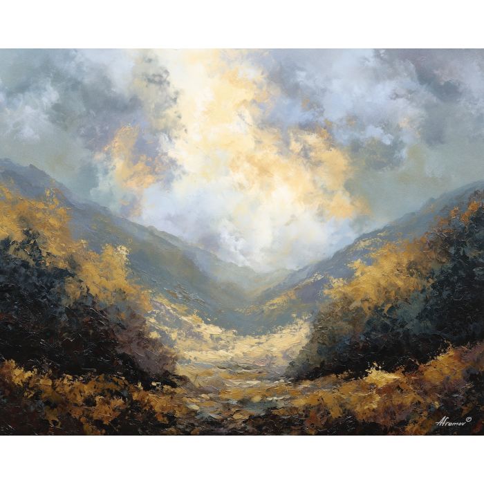 hillside, clearing, beneath, parted, sliding, along, walls, pale, tender light, reflective stillness, subtle reverence, luminous calm, quiet sanctuary, soft radiance, arched space, gentle horizon, calm interior, hushed atmosphere, oil painting palette knife, textured impasto