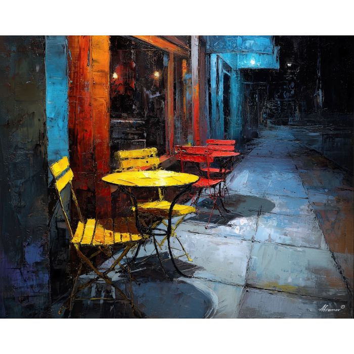 cafe front, implied, awning, chairs, vibrating, edges, where, layered silhouettes, warm night color, jazz atmosphere, brick facade, city rhythm, evening street, club doorway, neighborhood glow, urban pattern, historic energy, oil painting palette knife, textured impasto
