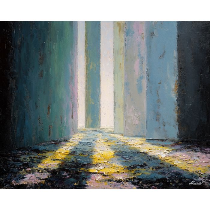 stone, threshold, leading, into, softened, brightness, spilling, vertical, arched space, gentle horizon, calm interior, hushed atmosphere, tender light, reflective stillness, subtle reverence, luminous calm, quiet sanctuary, soft radiance, oil painting palette knife, textured impasto