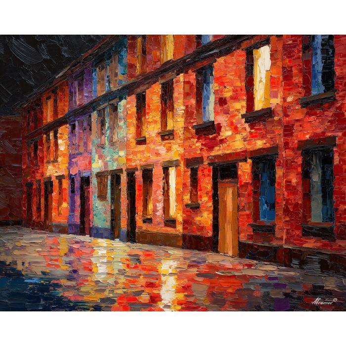 brick, facades, stacked, with, bright, windows, glimmering, scattered, city rhythm, evening street, club doorway, neighborhood glow, urban pattern, historic energy, layered silhouettes, warm night color, jazz atmosphere, brick facade, oil painting palette knife, textured impasto