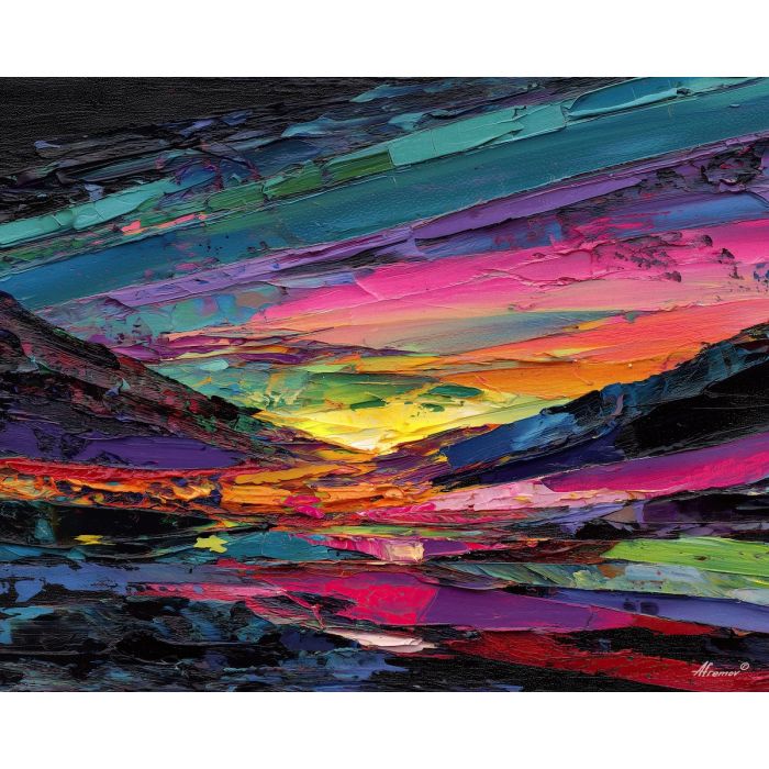 horizon, dissolved, into, bands, bending, color, shimmering, through, vivid spiral, kaleidoscopic field, surreal pattern, trippy geometry, fractal drift, chromatic wave, liquid color, visual distortion, bold saturation, neon spectrum, oil painting palette knife, textured impasto