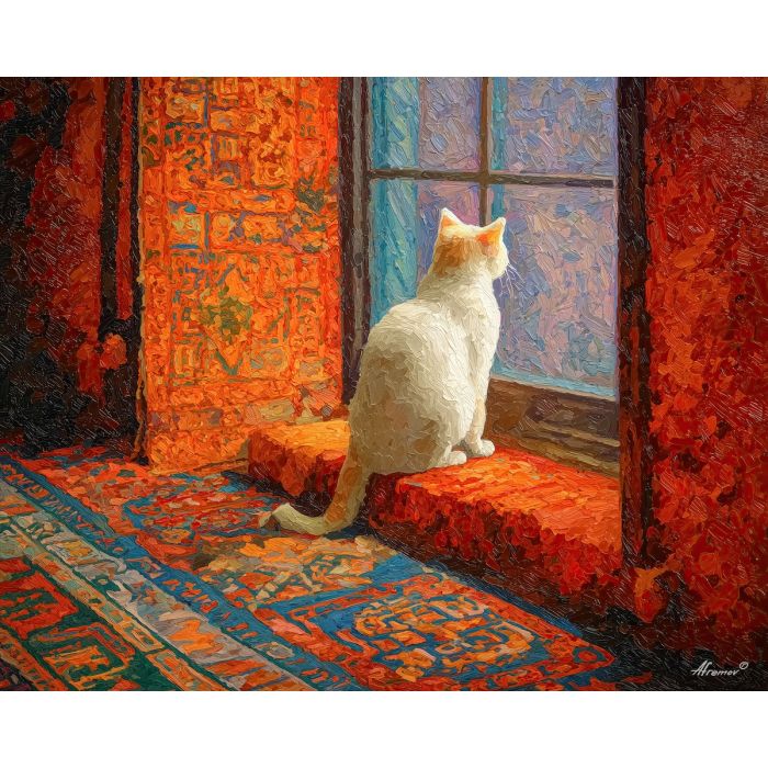 sitting, edge, patterned, falling, diagonally, through, nearby, window, gentle shadow, subtle movement, feline presence, resting figure, window light, quiet companion, soft fur, domestic calm, watchful pose, indoor stillness, oil painting palette knife, textured impasto
