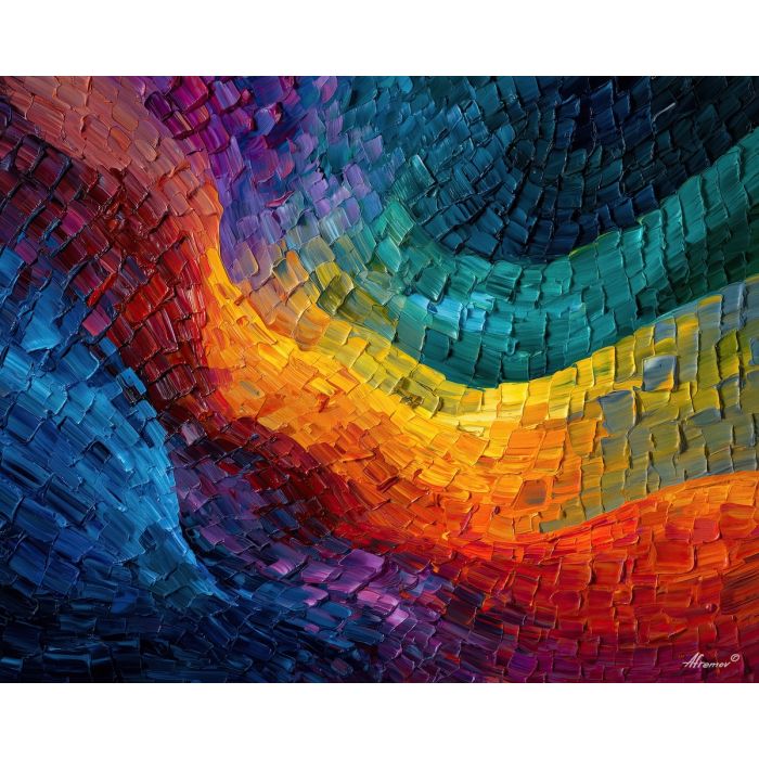 grid, warped, into, flowing, curving, lines, bending, abruptly, surreal pattern, trippy geometry, fractal drift, chromatic wave, liquid color, visual distortion, bold saturation, neon spectrum, vivid spiral, kaleidoscopic field, oil painting palette knife, textured impasto