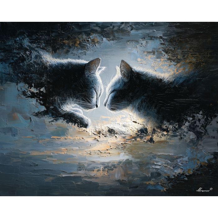 shapes, sharing, patch, light, softly, dissolving, paws, into, watchful pose, indoor stillness, gentle shadow, subtle movement, feline presence, resting figure, window light, quiet companion, soft fur, domestic calm, oil painting palette knife, textured impasto