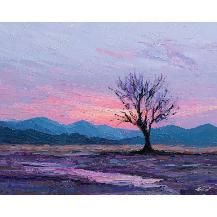 lone, tree, standing, near, distant, mountains, softening, night, sun-steeped land, textured horizon, savanna expanse, red earth, acacia silhouettes, village pattern, heat shimmer, distant hills, amber distance, open plain, oil painting palette knife, textured impasto