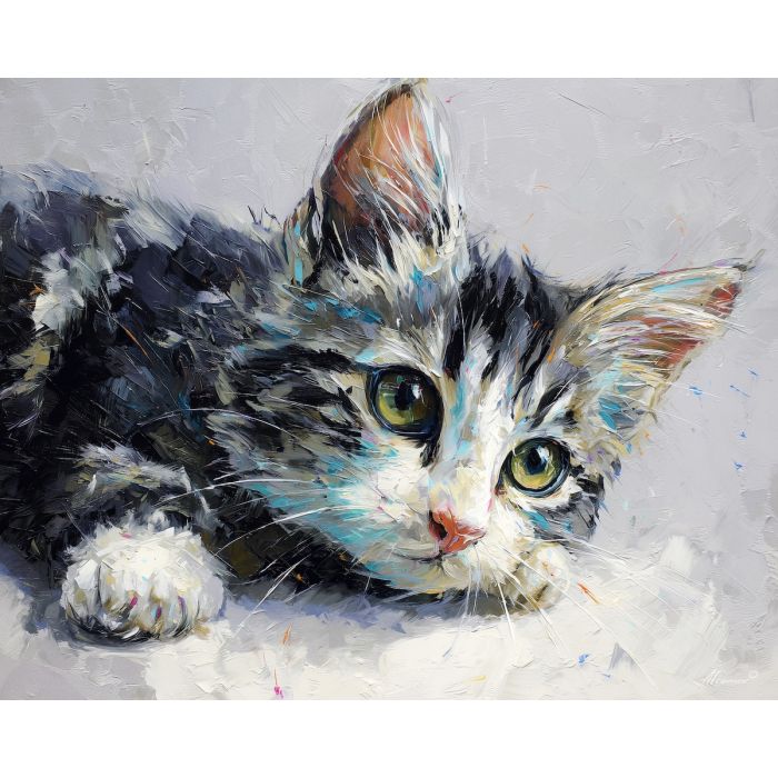 relaxed, shape, stretched, across, cushion, catching, whiskers, with, window light, quiet companion, soft fur, domestic calm, watchful pose, indoor stillness, gentle shadow, subtle movement, feline presence, resting figure, oil painting palette knife, textured impasto