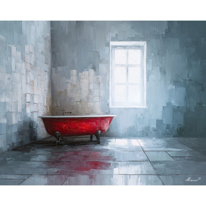 small, tiled, room, with, standing, blurred, mist, glass, tiled interior, soft steam, reflective glass, porcelain surface, quiet routine, domestic stillness, subtle moisture, bath corner, intimate space, ceramic texture, oil painting palette knife, textured impasto
