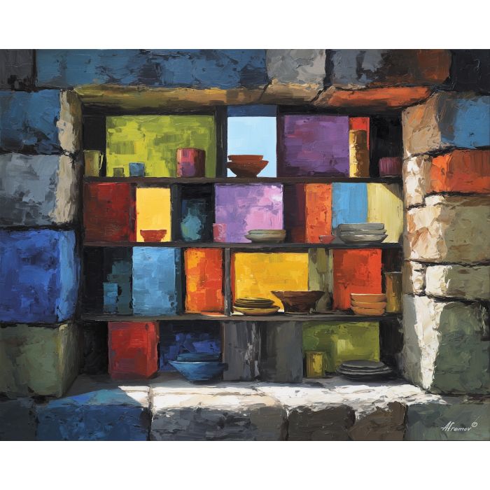 interior, wall, divided, into, color, rectangles, emphasizing, window, flat planes, linear balance, minimal composition, geometric facade, modernist structure, primary color field, clean architecture, rectilinear order, abstract building, functional design, oil painting palette knife, textured impasto