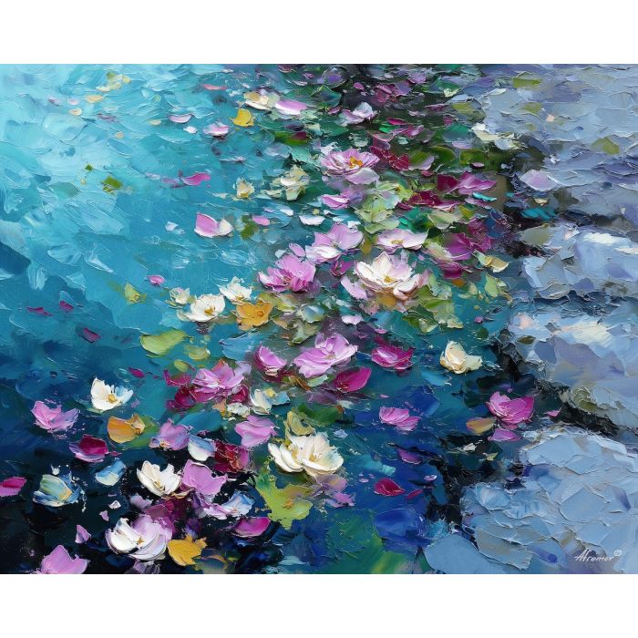 garden, edge, where, petals, scatter, stone, casting, delicate, garden suggestion, soft bouquet, natural curve, petal layers, subtle fragrance, gentle color, organic shapes, floral arrangement, delicate blossoms, glass vase, oil painting palette knife, textured impasto