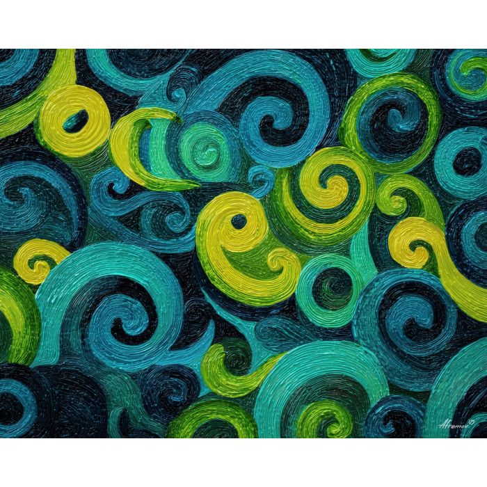 cascading, field, spirals, loops, pulsing, along, neon-tinted, edges, neon spectrum, vivid spiral, kaleidoscopic field, surreal pattern, trippy geometry, fractal drift, chromatic wave, liquid color, visual distortion, bold saturation, oil painting palette knife, textured impasto