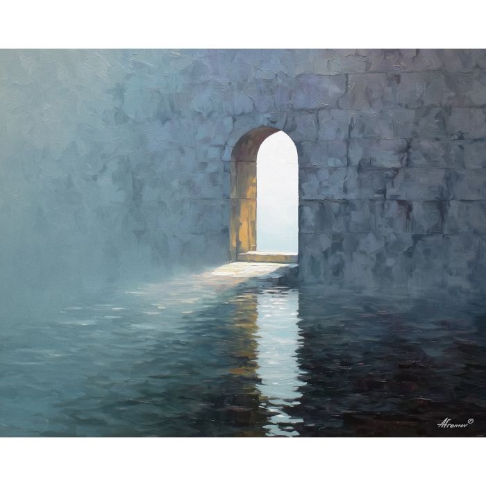 doorway, opening, into, faint, drifting, steam, touching, water, ceramic texture, tiled interior, soft steam, reflective glass, porcelain surface, quiet routine, domestic stillness, subtle moisture, bath corner, intimate space, oil painting palette knife, textured impasto