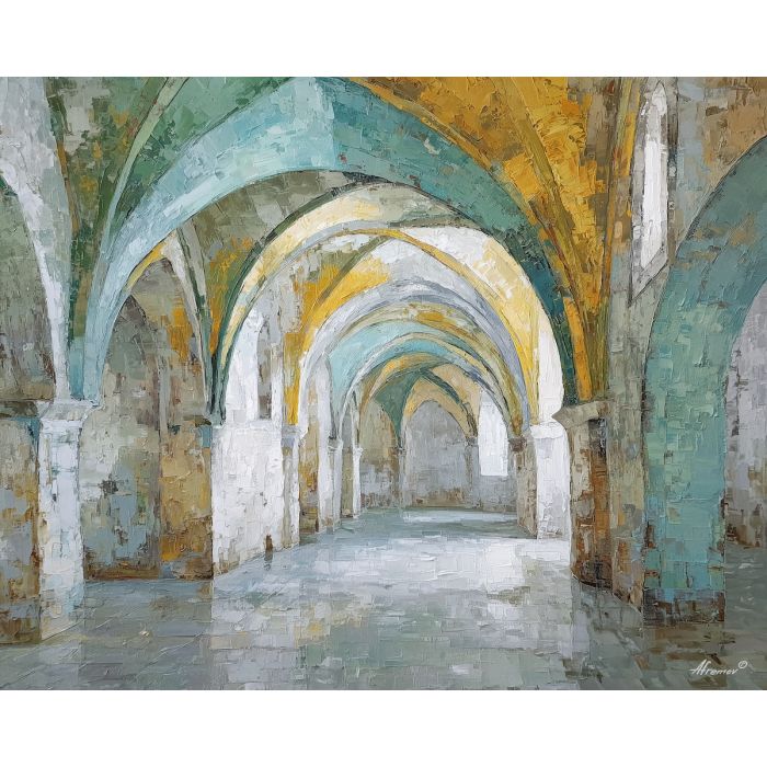 vaulted, space, reduced, gentle, planes, enveloping, rather, hushed atmosphere, tender light, reflective stillness, subtle reverence, luminous calm, quiet sanctuary, soft radiance, arched space, gentle horizon, calm interior, oil painting palette knife, textured impasto, layered pigments