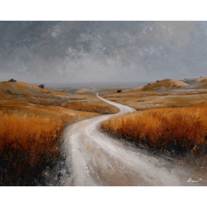 dusty, track, winding, toward, hills, smudged, rising, dust, village pattern, heat shimmer, distant hills, amber distance, open plain, sun-steeped land, textured horizon, savanna expanse, red earth, acacia silhouettes, oil painting palette knife, textured impasto