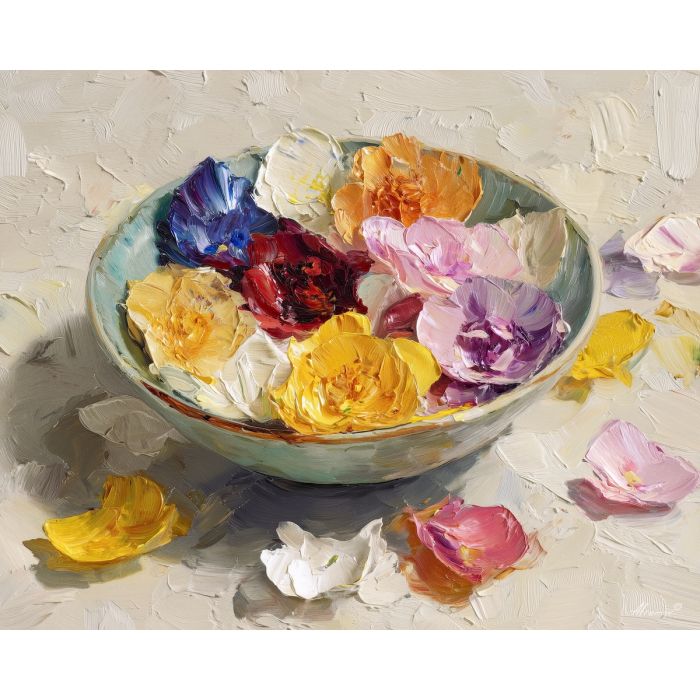 cluster, flowers, spilling, from, ceramic, bowl, passing, through, glass vase, garden suggestion, soft bouquet, natural curve, petal layers, subtle fragrance, gentle color, organic shapes, floral arrangement, delicate blossoms, oil painting palette knife, textured impasto