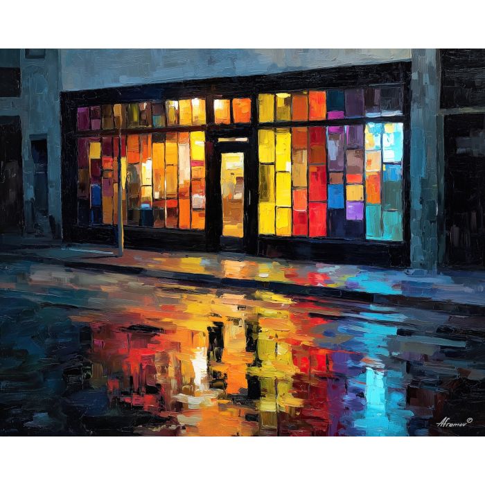 storefront, plane, broken, color, rectangles, reflecting, narrow, streaks, urban pattern, historic energy, layered silhouettes, warm night color, jazz atmosphere, brick facade, city rhythm, evening street, club doorway, neighborhood glow, oil painting palette knife, textured impasto