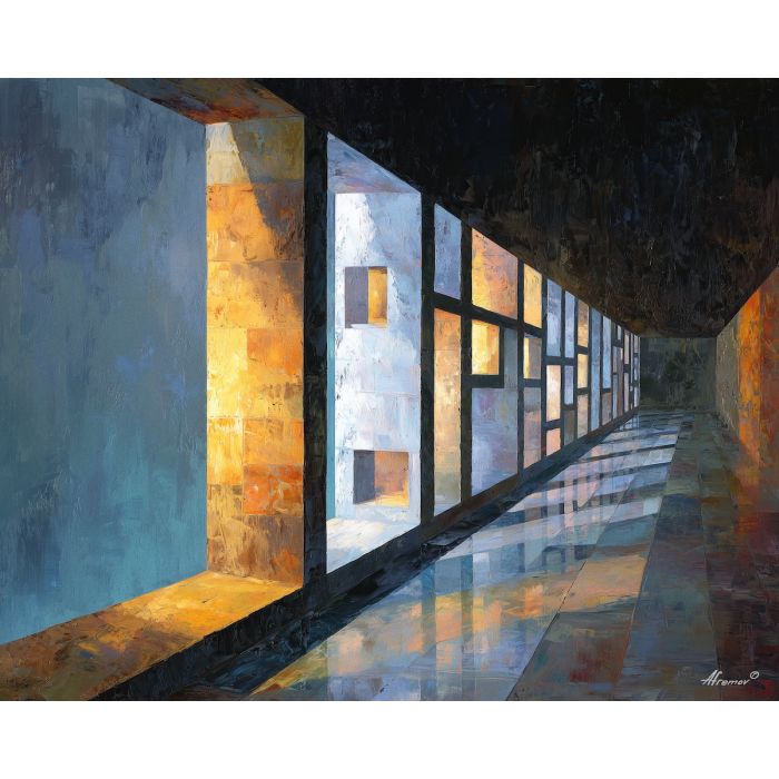 series, windows, arranged, strict, sequence, sliding, along, edges, rectilinear order, abstract building, functional design, flat planes, linear balance, minimal composition, geometric facade, modernist structure, primary color field, clean architecture, oil painting palette knife, textured impasto