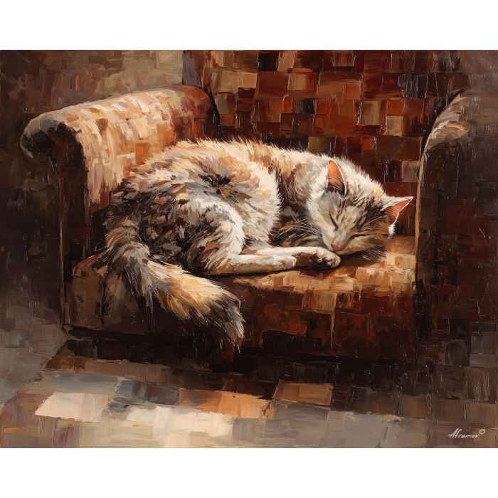 feline, figure, curled, textured, chair, pooled, warm, square, feline presence, resting figure, window light, quiet companion, soft fur, domestic calm, watchful pose, indoor stillness, gentle shadow, subtle movement, oil painting palette knife, textured impasto