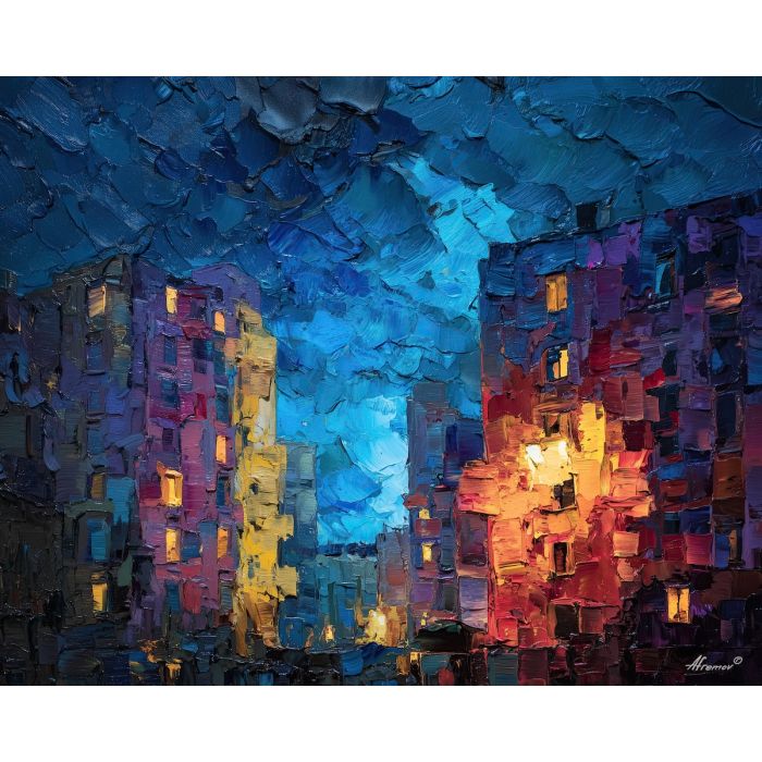 block, buildings, fading, into, electric, dissolving, upward, warm night color, jazz atmosphere, brick facade, city rhythm, evening street, club doorway, neighborhood glow, urban pattern, historic energy, layered silhouettes, oil painting palette knife, textured impasto, layered pigments
