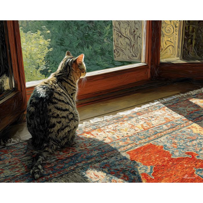 sitting, edge, patterned, falling, diagonally, through, nearby, window, gentle shadow, subtle movement, feline presence, resting figure, window light, quiet companion, soft fur, domestic calm, watchful pose, indoor stillness, oil painting palette knife, textured impasto