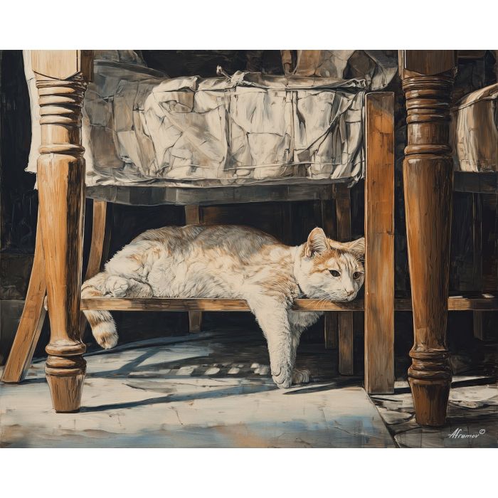 slipping, between, table, chair, legs, stretching, bands, across, quiet companion, soft fur, domestic calm, watchful pose, indoor stillness, gentle shadow, subtle movement, feline presence, resting figure, window light, oil painting palette knife, textured impasto