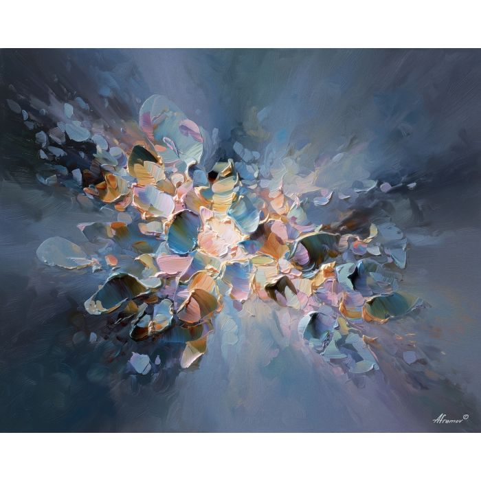 cluster, floating, forms, drifting, through, space, trailing, luminous, trippy geometry, fractal drift, chromatic wave, liquid color, visual distortion, bold saturation, neon spectrum, vivid spiral, kaleidoscopic field, surreal pattern, oil painting palette knife, textured impasto