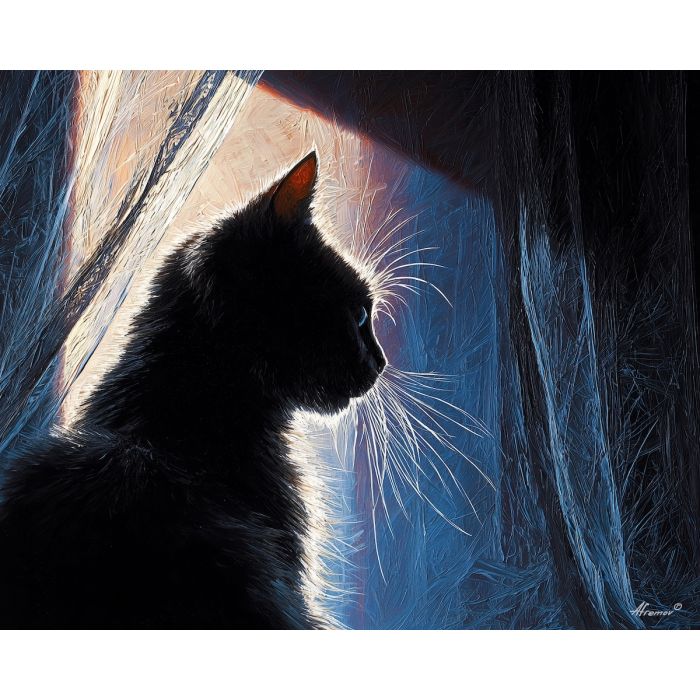 silhouette, framed, thin, curtain, glowing, faintly, around, edges, soft fur, domestic calm, watchful pose, indoor stillness, gentle shadow, subtle movement, feline presence, resting figure, window light, quiet companion, oil painting palette knife, textured impasto