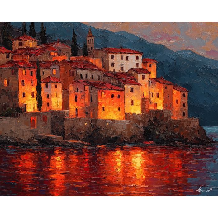 hillside, village, clustered, above, quiet, water, glowing, under, seaside village, stone terrace, Aegean light, hillside dwellings, historic shoreline, sunlit masonry, quiet harbor, mediterranean landscape, ancient coast, marble architecture, oil painting palette knife, textured impasto