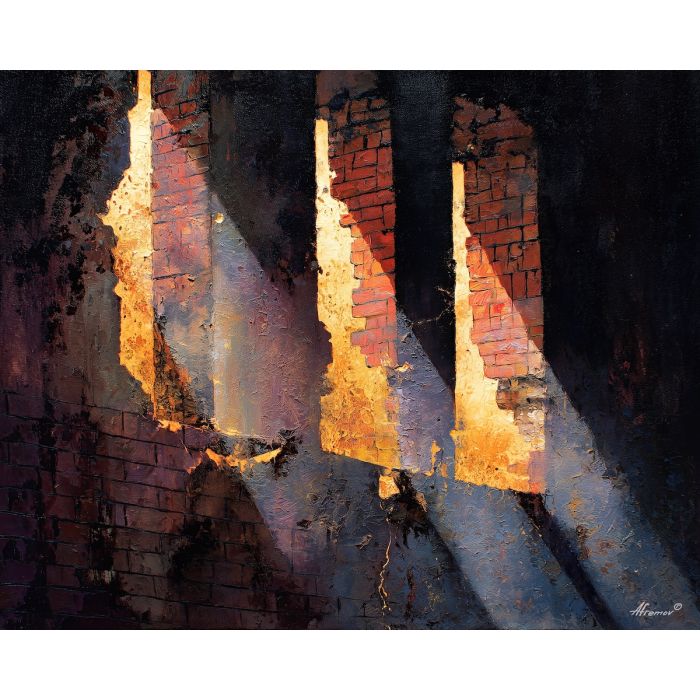 small, stage, suggested, angled, shapes, light, strong, beams, club doorway, neighborhood glow, urban pattern, historic energy, layered silhouettes, warm night color, jazz atmosphere, brick facade, city rhythm, evening street, oil painting palette knife, textured impasto