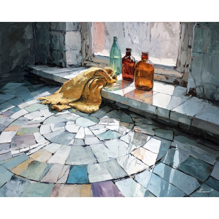 narrow, window, casting, light, across, ceramic, floor, broken, porcelain surface, quiet routine, domestic stillness, subtle moisture, bath corner, intimate space, ceramic texture, tiled interior, soft steam, reflective glass, oil painting palette knife, textured impasto