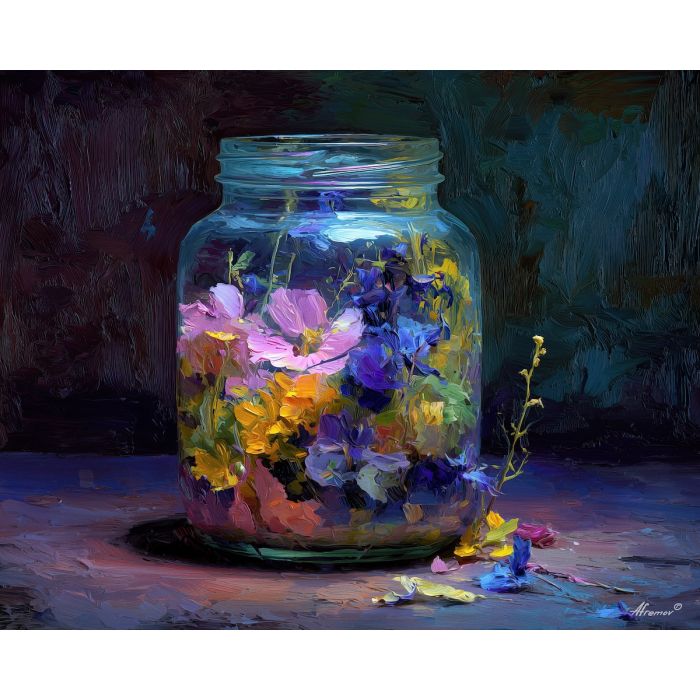 overfilled, with, flowers, varied, heights, fading, gradually, into, subtle fragrance, gentle color, organic shapes, floral arrangement, delicate blossoms, glass vase, garden suggestion, soft bouquet, natural curve, petal layers, oil painting palette knife, textured impasto