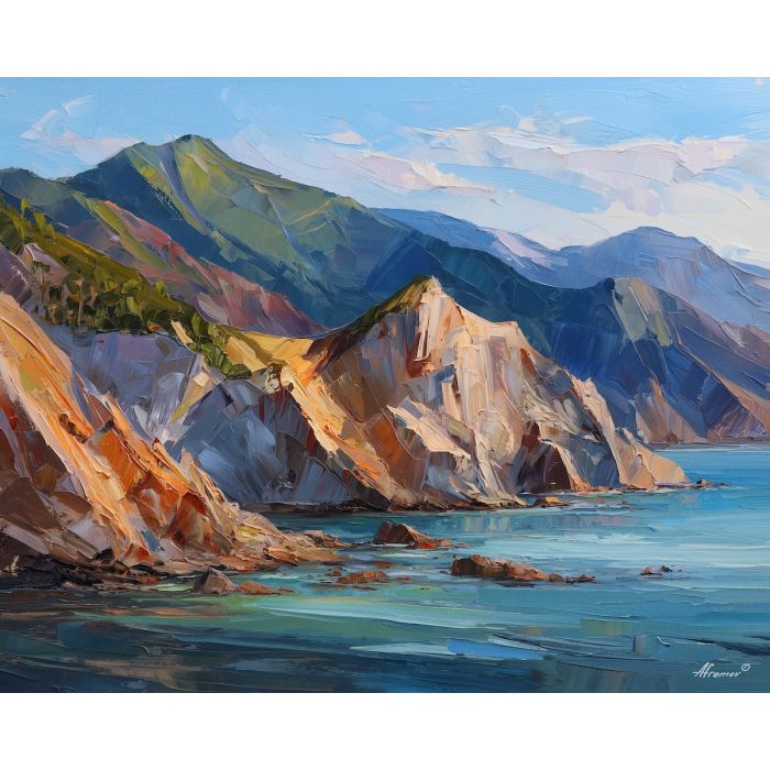 mountain, ridge, overlooking, layered, coastal, inlets, long, slanting, historic shoreline, sunlit masonry, quiet harbor, mediterranean landscape, ancient coast, marble architecture, seaside village, stone terrace, Aegean light, hillside dwellings, oil painting palette knife, textured impasto