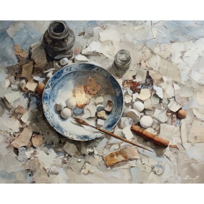 porcelain, surface, scattered, with, small, objects, faintly, glowing, subtle moisture, bath corner, intimate space, ceramic texture, tiled interior, soft steam, reflective glass, porcelain surface, quiet routine, domestic stillness, oil painting palette knife, textured impasto